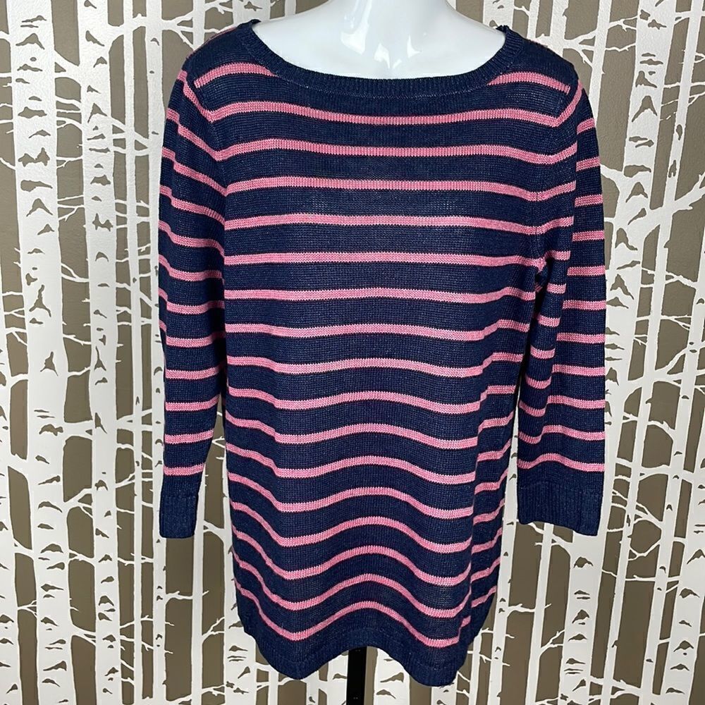 Talbots 100% Linen 3/4 sleeve longline sweater in navy & pink stripe